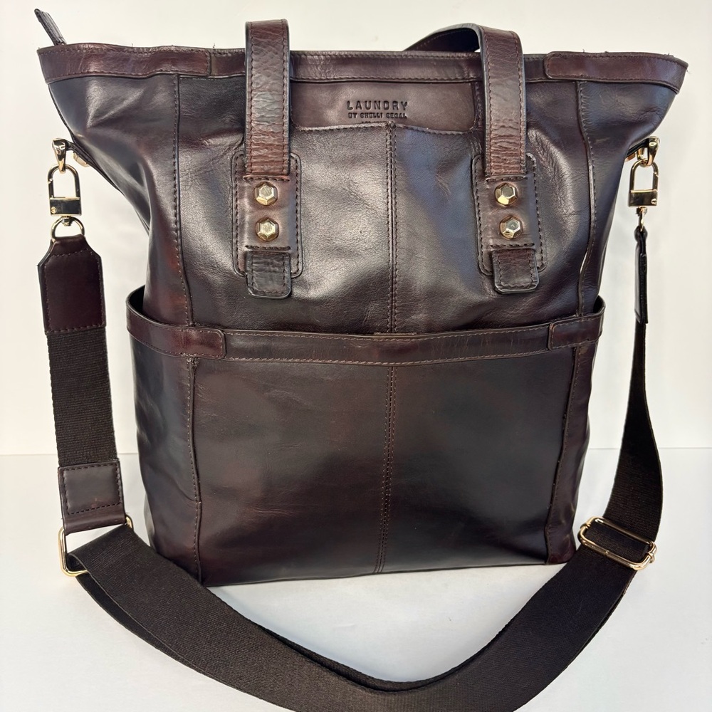 Laundry By Shelli Segal Dark Brown Leather Laptop Tote